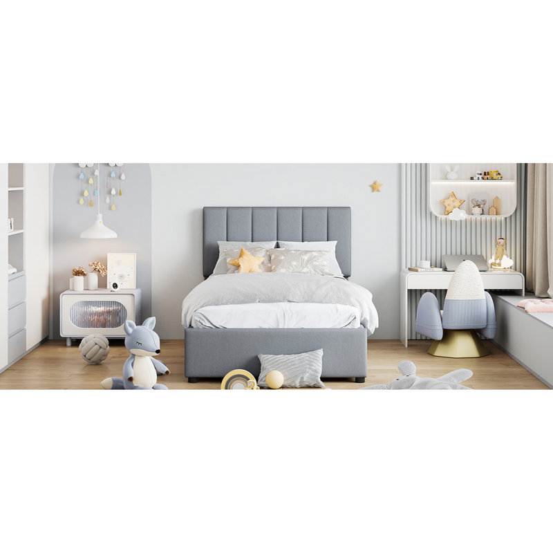 Stylish Twin Size Bed With Hydraulic Lift Function, Gray Platform Mechanism And Elegance