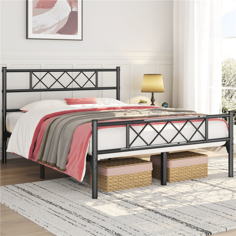Brandee Metal Platform Bed Frame with Headboard and Footboard, Queen, Black