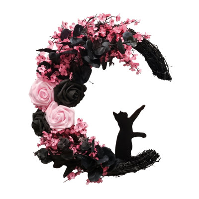 Couronne de 15,7 pouces en forme de croissant de lune, couronne de rotin artificielle rose et noire en forme de lune avec silhouette de chat noir pour porte d'entrée décor gothique d'Halloween