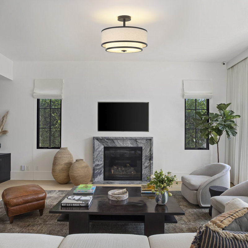 Matte Black Double Drum Semi Flush Mount Ceiling Light with Fabric Shade
