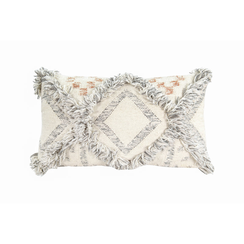Cream and Gray Wool Kilim Pillow with Fringe Accents