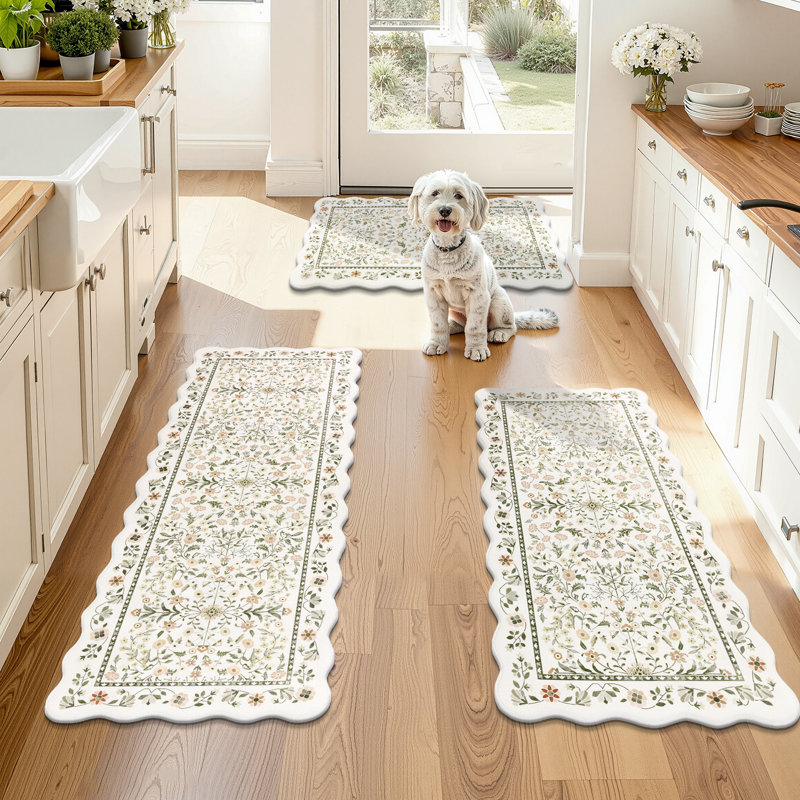 Anti-Fatigue Non-slip Kitchen Mat (Set of 3), Cream/Green