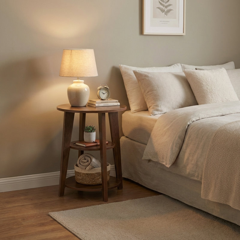 Table d'appoint ronde à 3 niveaux - Table de chevet de 60 cm de hauteur avec étagères de rangement, Brown