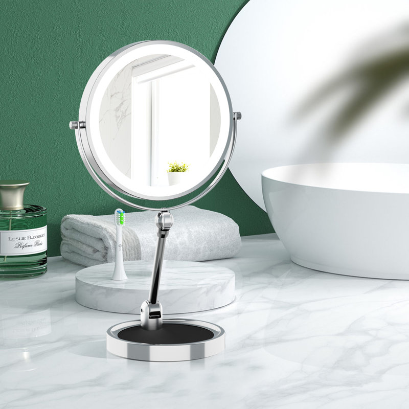 Grand miroir de maquillage lumineux de 9 po avec grossissement 1 / 10X, miroir de coiffeuse rechargeable 4000 mAh avec hauteur réglable et 3 lumières à intensité variable de couleur, miroir de table pivotant à 360 °