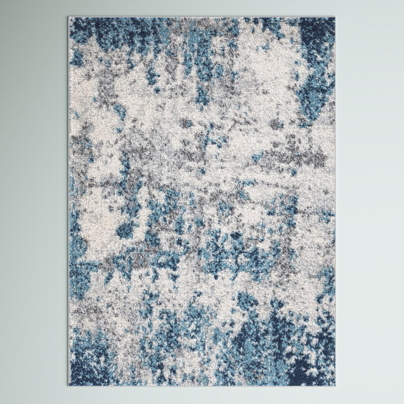 Longino Abstract Blue/Cream Indoor Area Rug for Living Room, Dining Room, Bedroom, Rectangle 5'3" x 7'3"