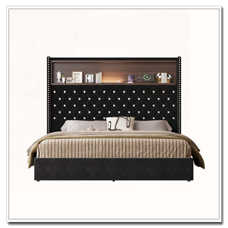 Cadre de lit doux en velours capitonné avec port USB et veilleuse, tête de lit haute 52 po avec rivets, Noir, Grand