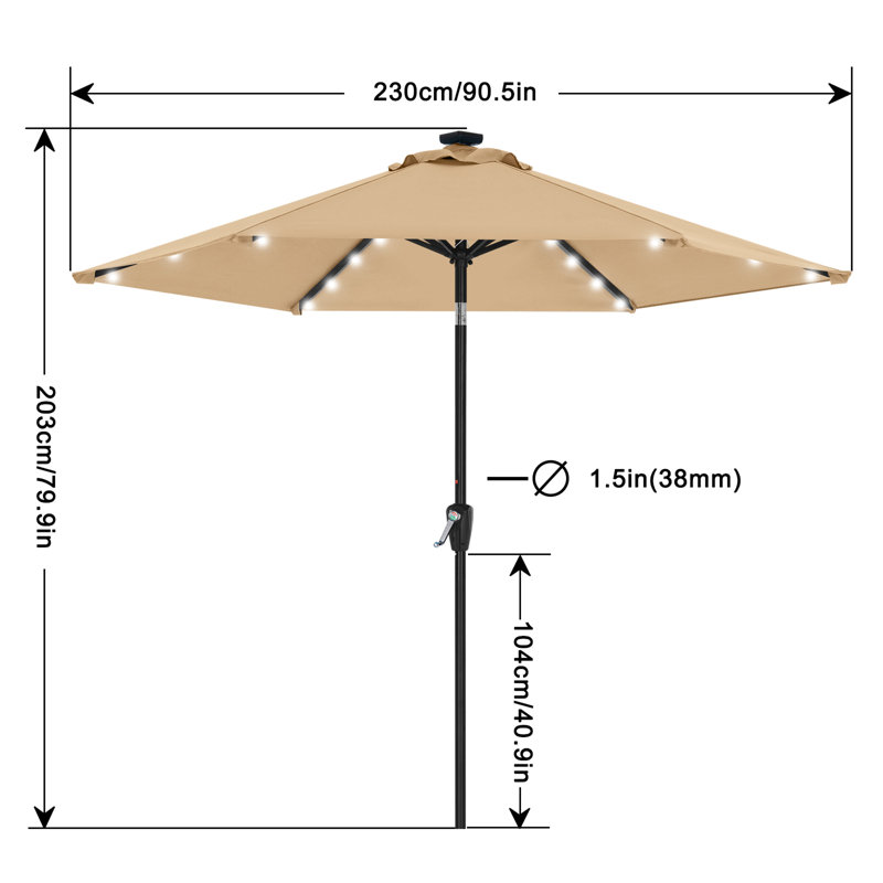 Parasol de marché solaire à DEL Cutshall avec inclinaison et relevage à manivelle, Kaki, 7.5'