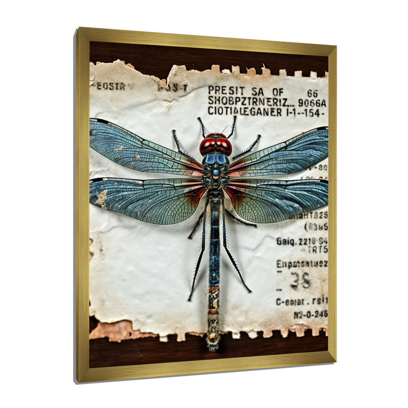 " Blue Vintage Dragonfly ", Gold Picture Framed, 32" H x 16" W x 1" D