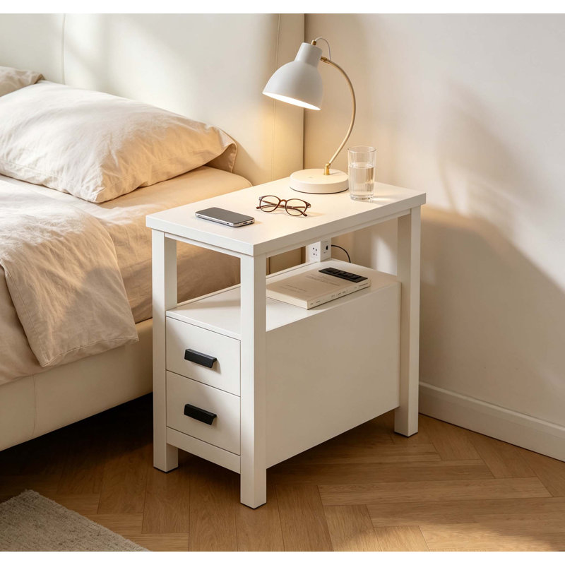 Table d'appoint blanche avec station de recharge, table de chevet avec ports USB et prises électriques, table de nuit à 2 tiroirs, petite table de chevet