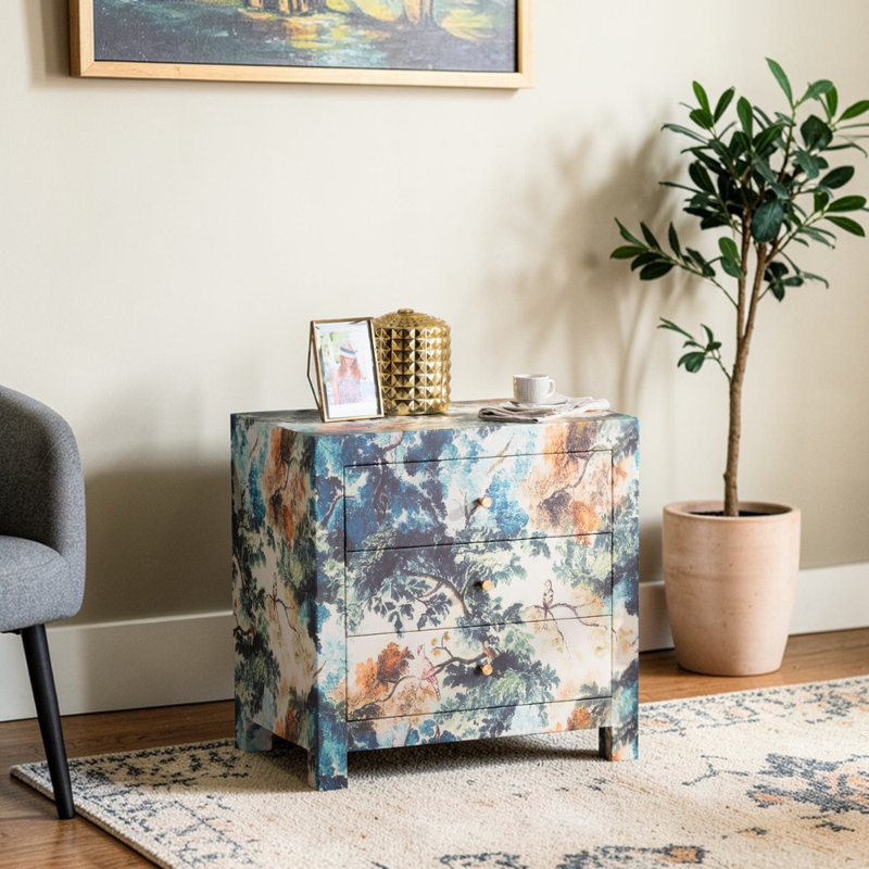Zala Natural Motif 3-Drawer Storage Cabinet with Gold Knobs End Table