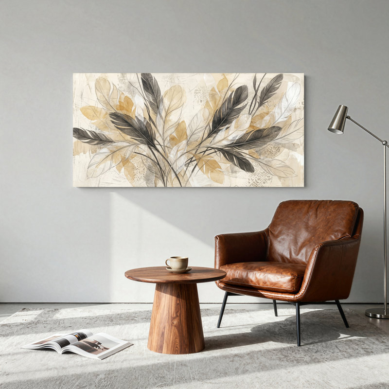 Ensemble de 1 tableau sur toile « Feuilles et plumes », L 32 po x H 16 po, Toile tendue