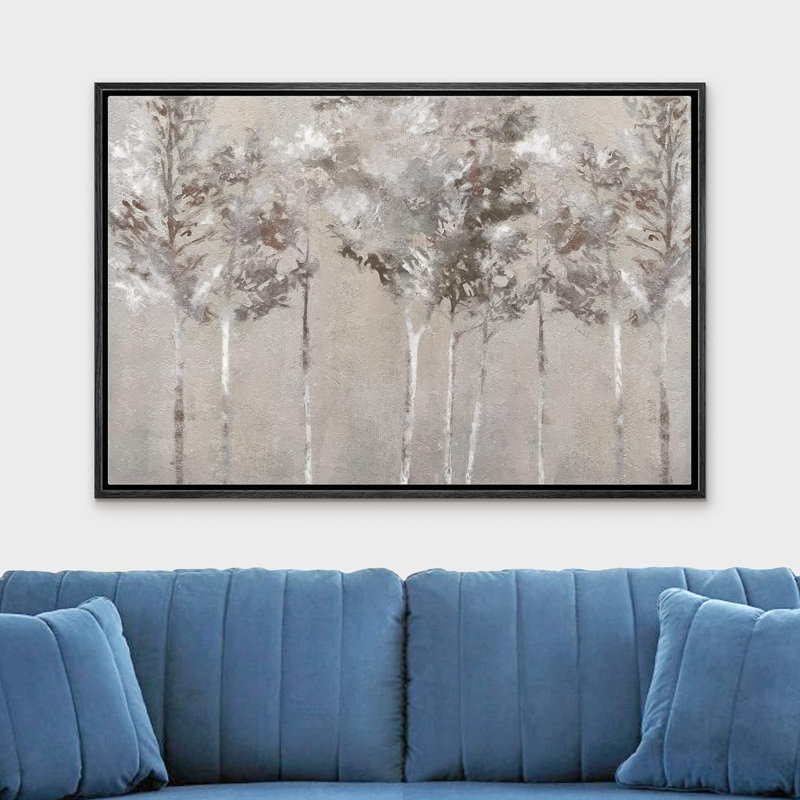 " Gray Forest Tree Silhouette Country ", 16" H x 24" W x 1.5" D, Black Framed