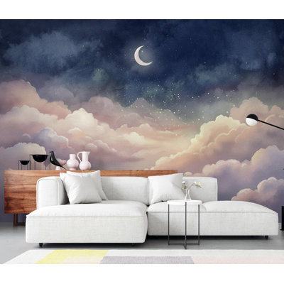 Dreamy Night Sky Wallpaper - Pastel Clouds and Moon Stars - Celestial Nursery Wall Mural - Whimsical Bedroom Wallpaper 417DRE