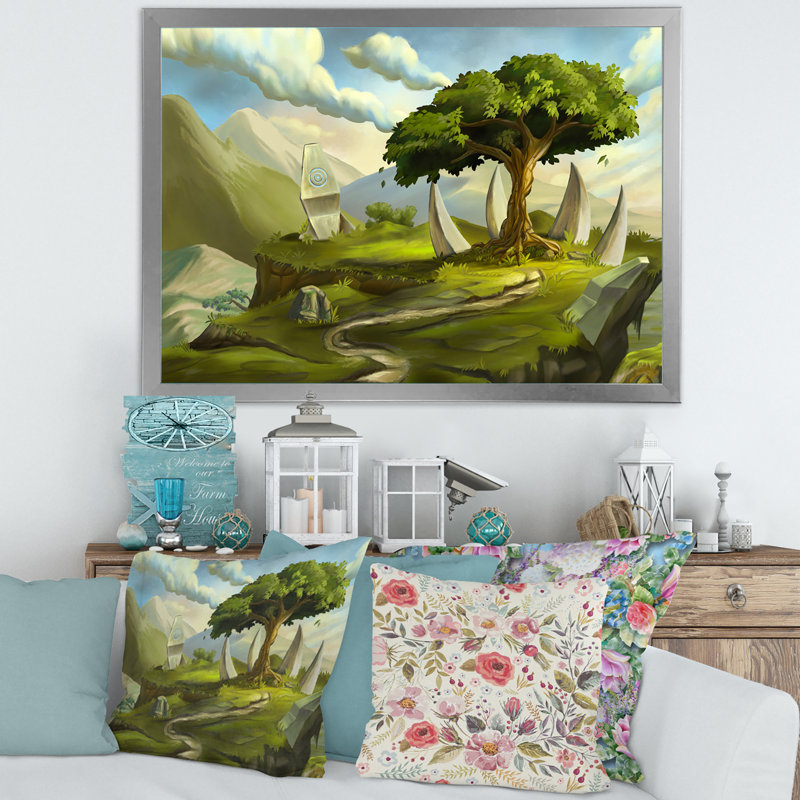 «Sacred Tree in a Fantasy Landscape», impression sur toile encadrée, Encadrement argenté, H 30 po x l 40 po x 1,5 po