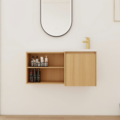 36" Wall-Mounted Bathroom Vanity With Left Resin Sink, Floating Corner Vanity With 2 Soft Close Doors And 1 Shelf