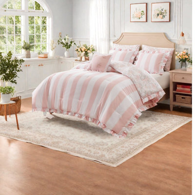 -Piece Full/Queen Bedding Sets, Pink Microfiber Ruffle Toile Floral Home