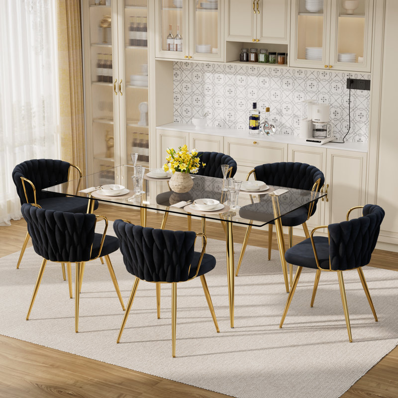 Glass Top Dining Set for 6, Black, 29.5"H x 63"L x 31.5"W