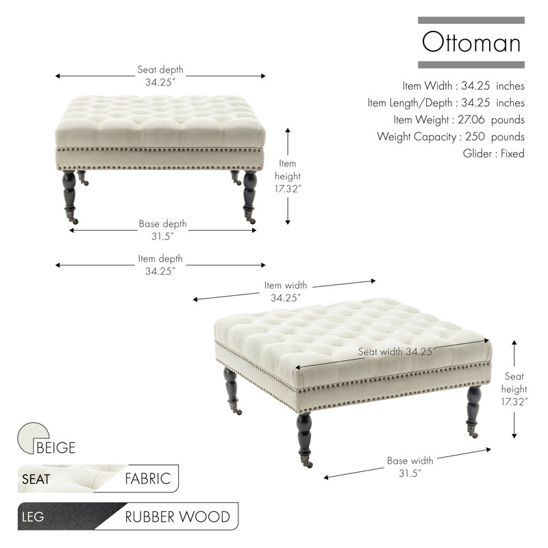 Inwood Square Cocktail Ottoman with Wheels, Beige Polyester Blend