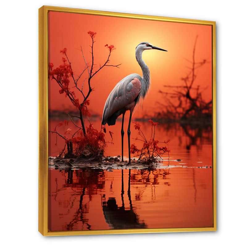 Flamant blanc élégant sur toile, Cadre flottant doré, H 44 po x l 34 po x P 1,5 po