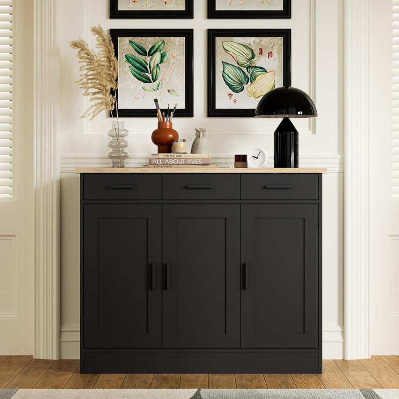 Buffet en chêne de 43,3 po de largeur, armoire à café avec 3 tiroirs et 3 portes, buffet de cuisine pour le salon, cuisine
