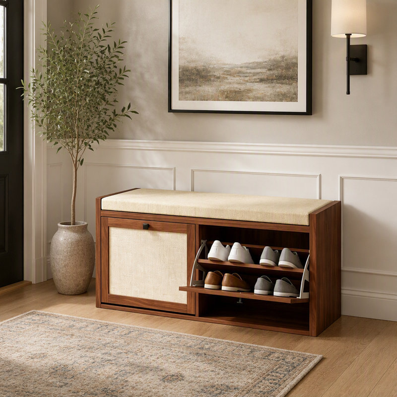 Banc de rangement pour chaussures de 42,5 pouces avec siège rembourré et portes en rotin