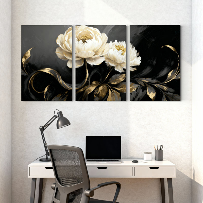 Pivoine, fleurs blanches, feuilles d'or, fond noir, ensemble de 3 impressions sur toile, H 30 po x l 60 po