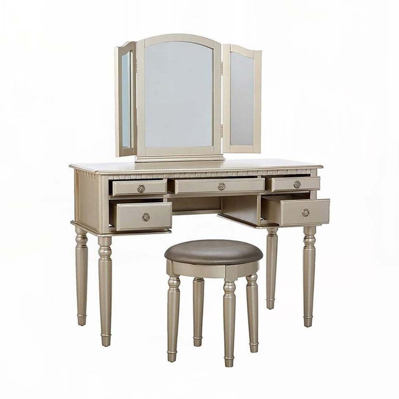 Bedroom Contemporary Vanity Set w Foldable Mirror Stool Drawers Silver Color