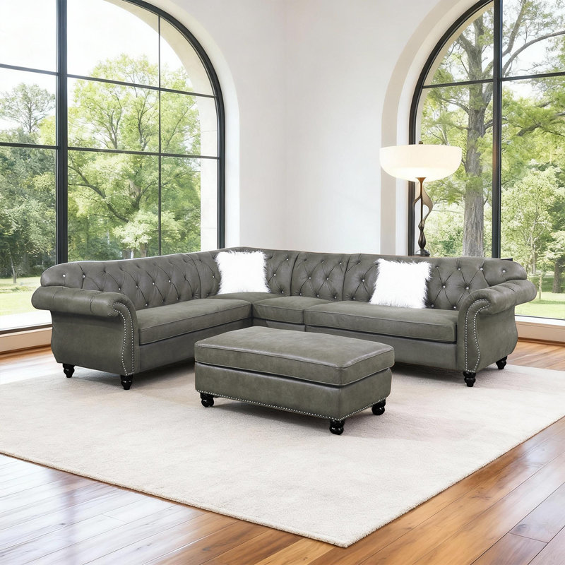Canapé modulaire 4 pièces de luxe avec coutures en losange et accoudoirs à volutes