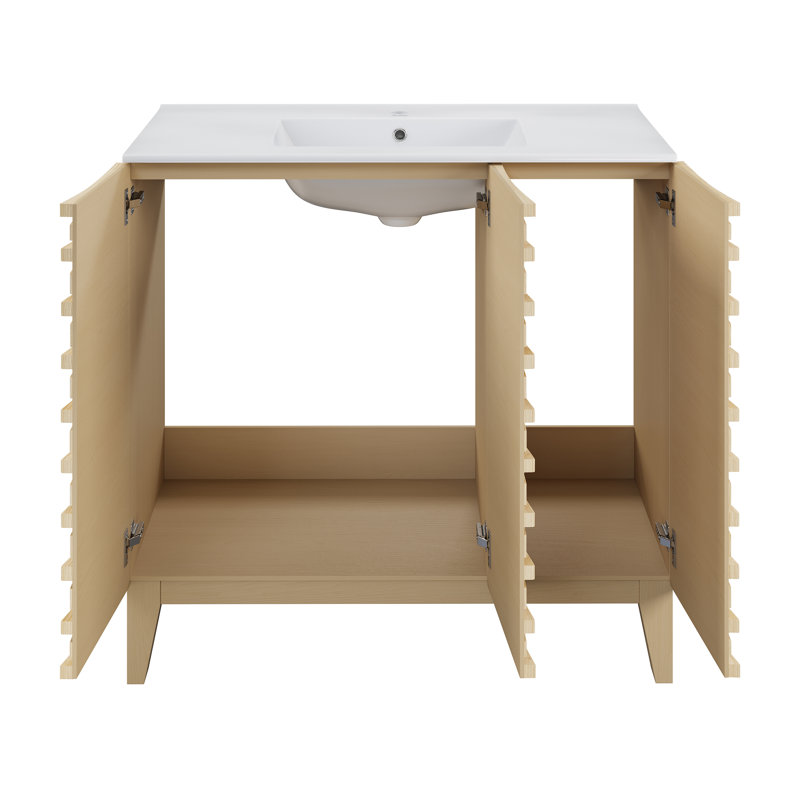 Meuble-lavabo autoportant Cascade en chêne naturel de 36 po avec plateau d'évier, Chêne naturel