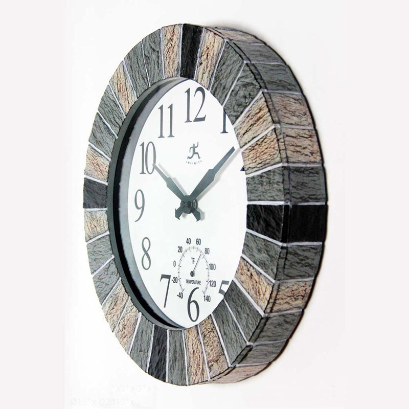 13" Faux Slate Frame Indoor/Outdoor Wall Clock with Thermometer