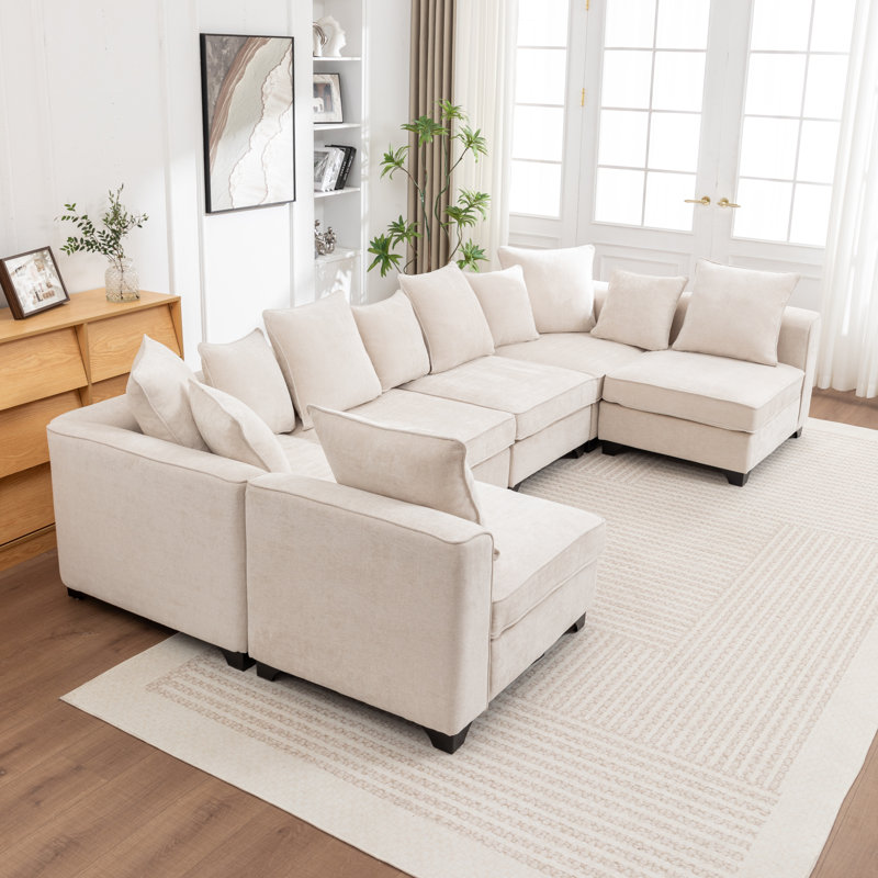 Kempson 6 - Piece Upholstered U-shaped Modular Sectional Sofa, Beige Chenille