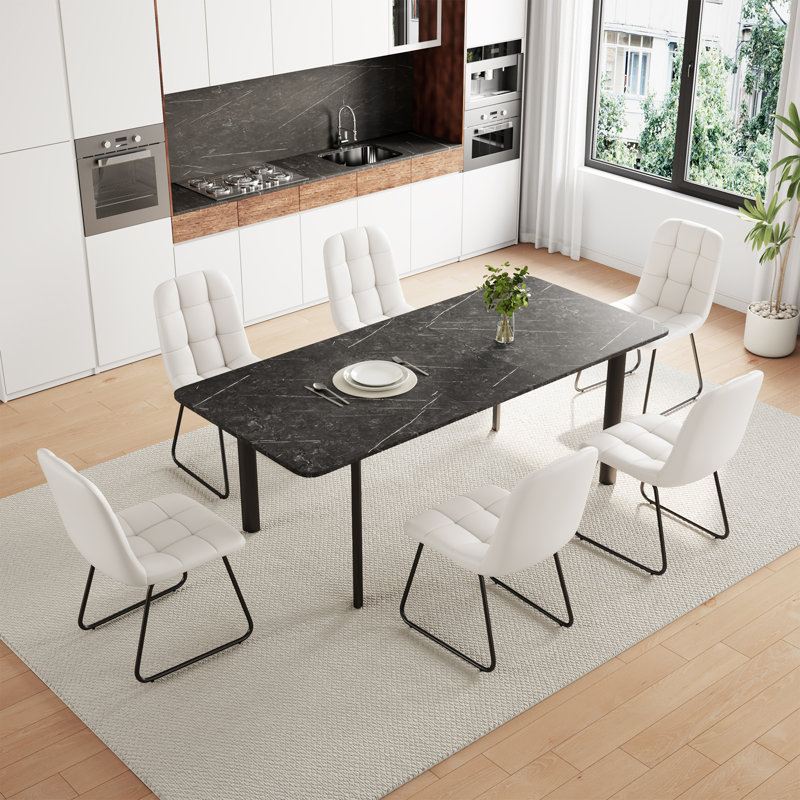 7-Piece Dining Table Set, 6-8 People Dining Table With 6 Modern Chairs For Kitchen；Dining Room, White