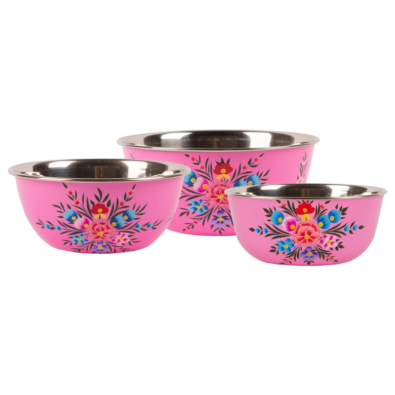 3Pc Raspberry Pansy Stainless Steel Picnic Bowl Set - By BillyCan, Raspberry