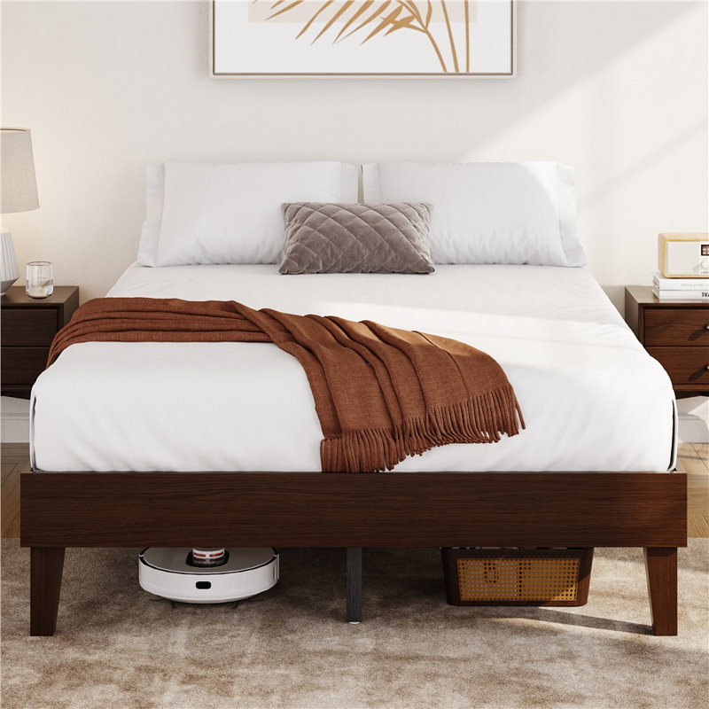 Structure de lit plateforme en bois multi-tailles avec support de lattes robuste, Noyer foncé, Double