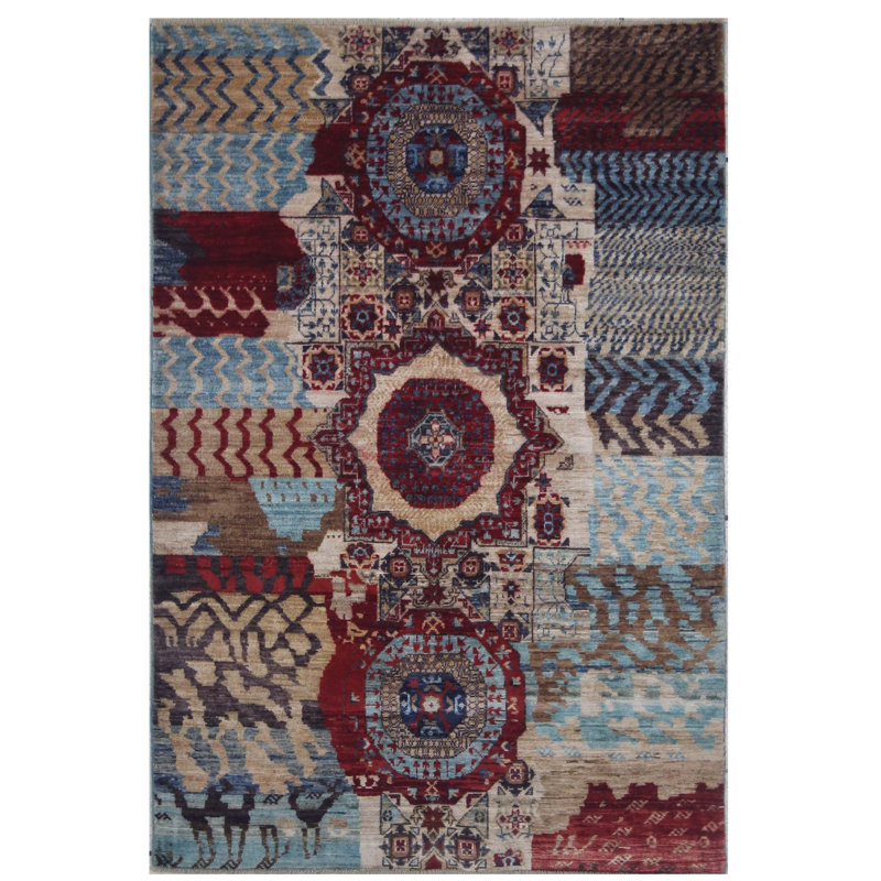 Tapis unique rouge / bleu / brun / beige 4 pi x 5 pi 10 po
