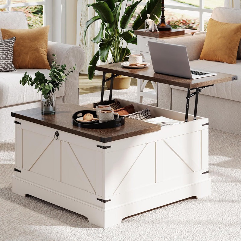 31.5" W Farmhouse Lift Top Coffee Table with Storage, Dark Brown, Beige