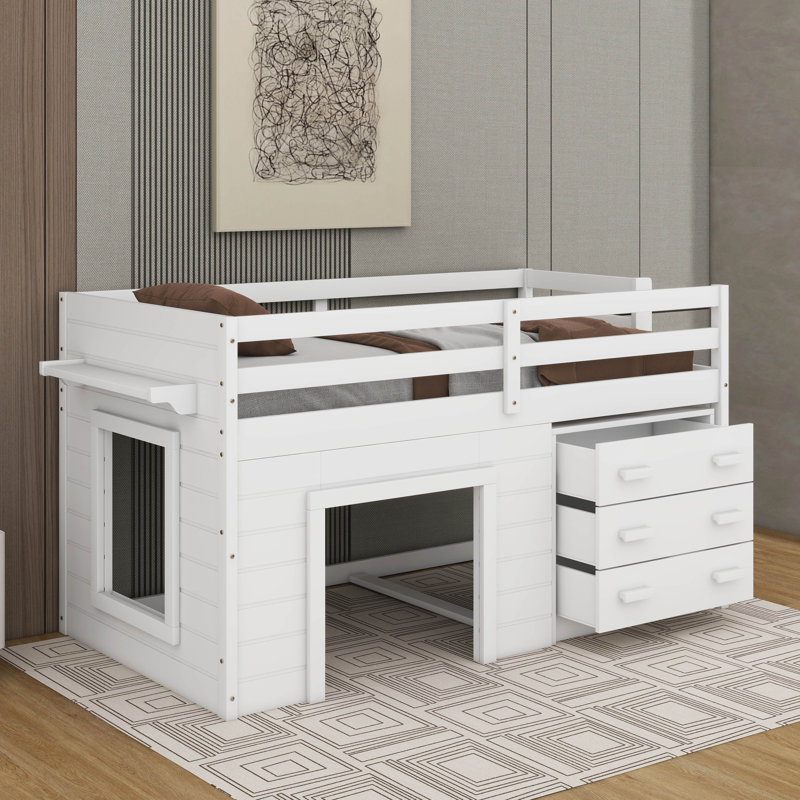 Lit mezzanine simple avec armoire et tablette, White
