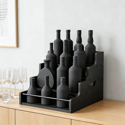 4-Tier Wooden Liquor Bottle Display Shelf, Countertop Wine Rack Organizer For Whiskey And Coffee Syrups, Retro Home Bar Cabinet With Handles