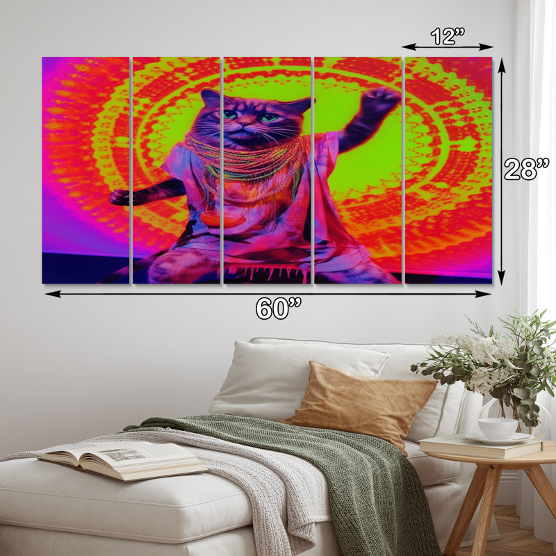 «Rave Cat In Neon», art mural animaux sur toile, 5 panneaux égaux