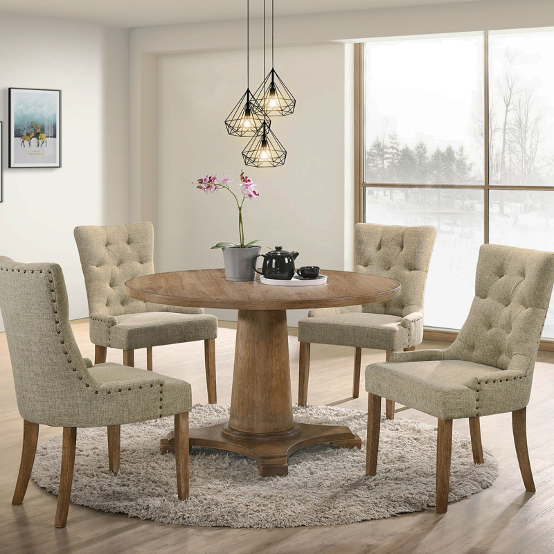 Beige And Salvaged Oak Tufted Back Parson Chairs (Set Of 2), Natural Wood, Beige
