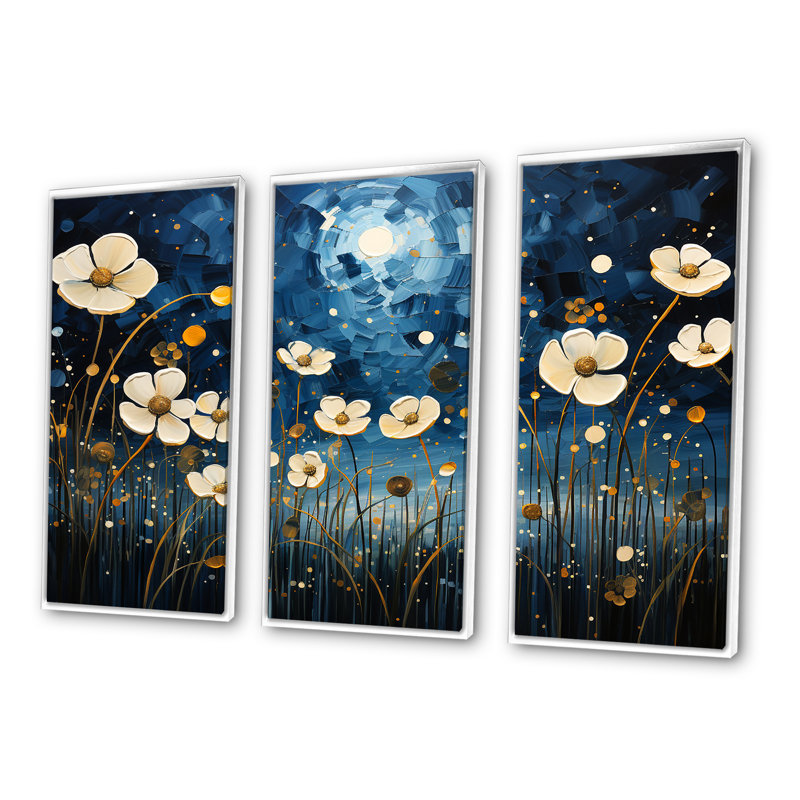 «Midnight Indigo Buttercups II - Buttercups», ensemble de reproduction d'art mural, Cadre flottant blanc