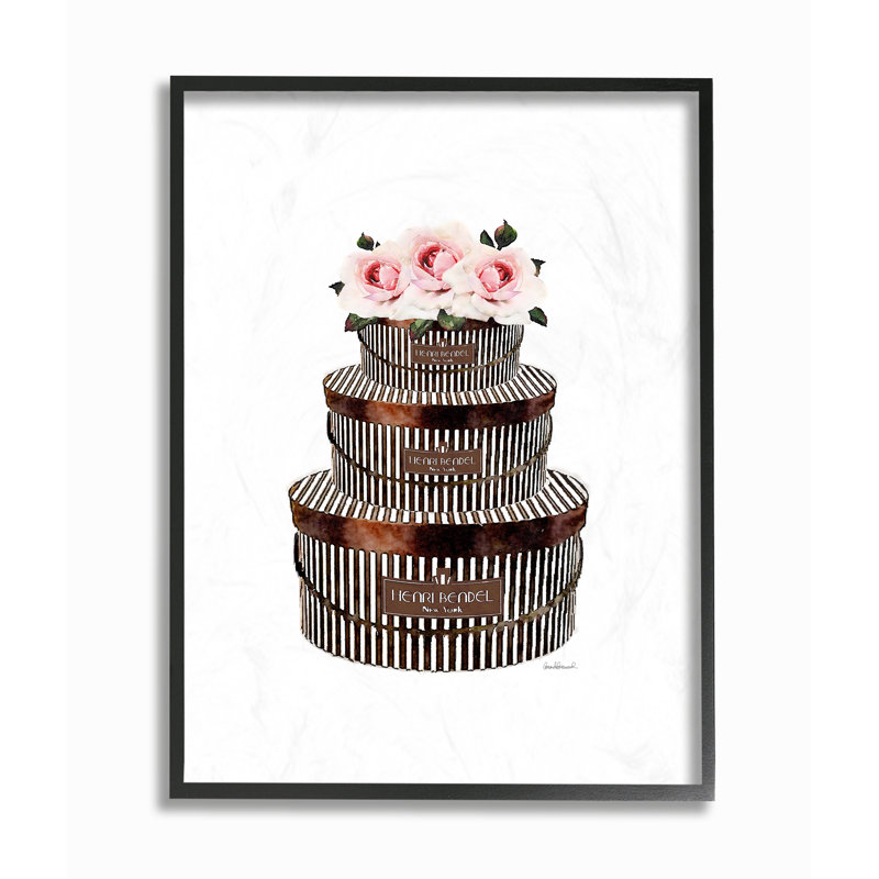 Boîtes à chapeaux rayées avec roses-impression d’art graphique, H 20 po x l 16 po x P 1,5 po, Giclée encadrée noir minuit
