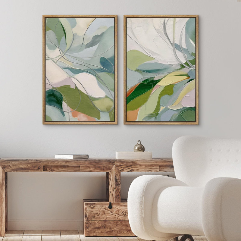 «Green Calm Relax Abstract Floral Botanical», reproduction d'art sur toile encadrée, 2 pièces, H 36 po x l 24 po, Naturel