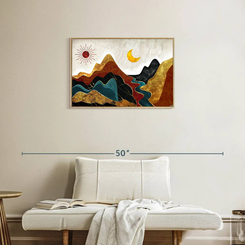 Paysage de montagne texturé abstrait, Cadre flottant en bois naturel, 31 po x 21 po
