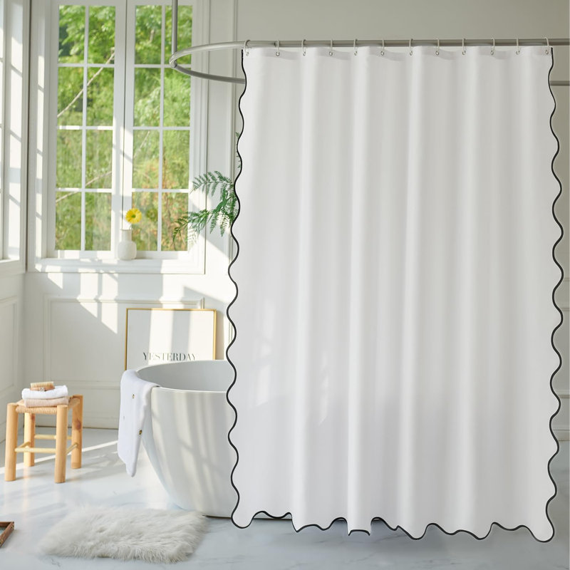 Tissu blanc avec rideau de douche à bordure festonnée noir d'eau, rideau de douche Boho Chic pour douches de salle de bain, 72 po x 72 po