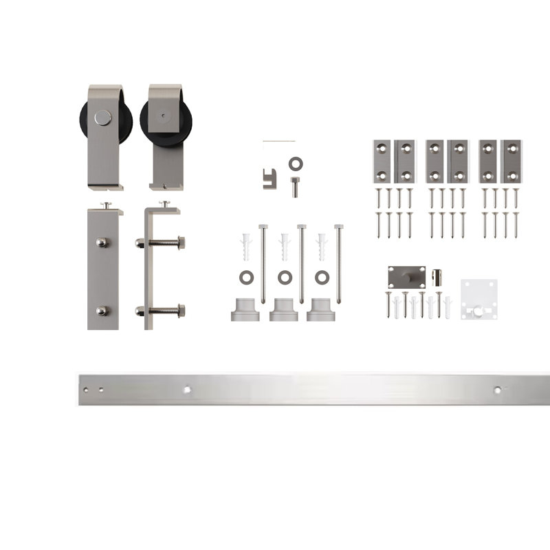 Ensemble de deux portes de grange coulissantes pliantes en nickel brossé avec quincaillerie de porte de grange - Rouleau de conception classique (portes non incluses)