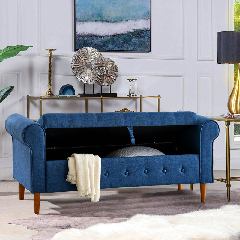 62" Bedroom Tufted Button Storage Bench, Modern Fabric Upholstered Ottoman, Window Bench, Rolled Arm Design For Bedroom, Living Room, Foyer
