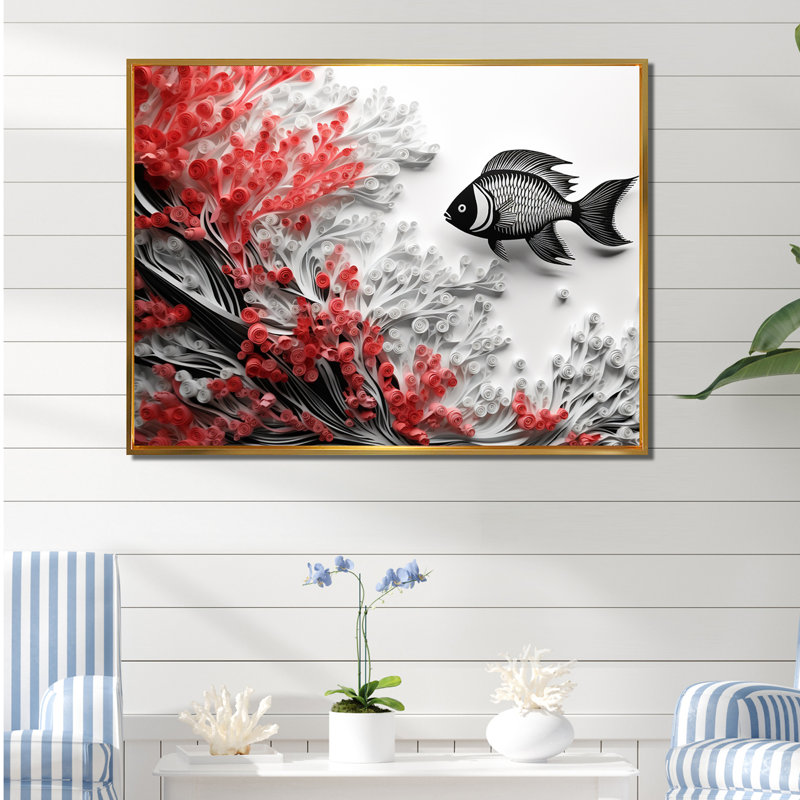 Impression sur toile monochrome de poissons noirs et rouges, Cadre flottant doré, H 12 po x l 20 po