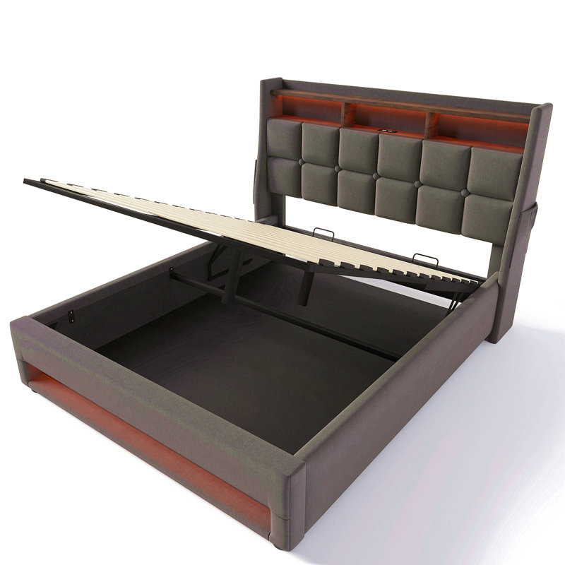 Lit plateforme tapissier double avec système de rangement hydraulique, chargement DEL et USB, gris (sans matelas), Double
