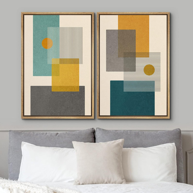 Abstract Vibrant Color Blocks " Mid-Century Green And Yellow Polygon Collage Abstract Shapes Modern " 2 - Pieces